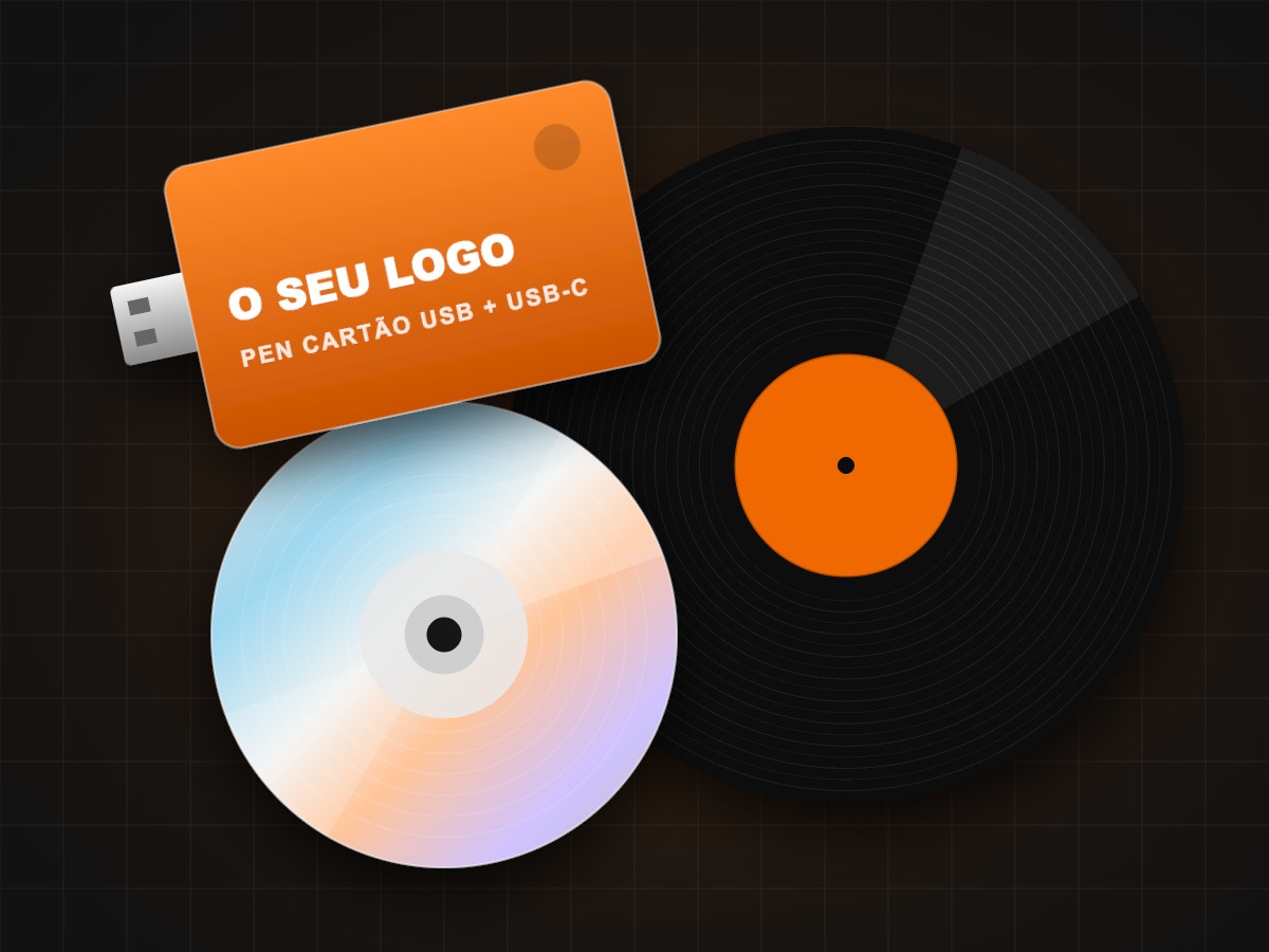 CD, disco de vinil e pen USB tipo cartão personalizada