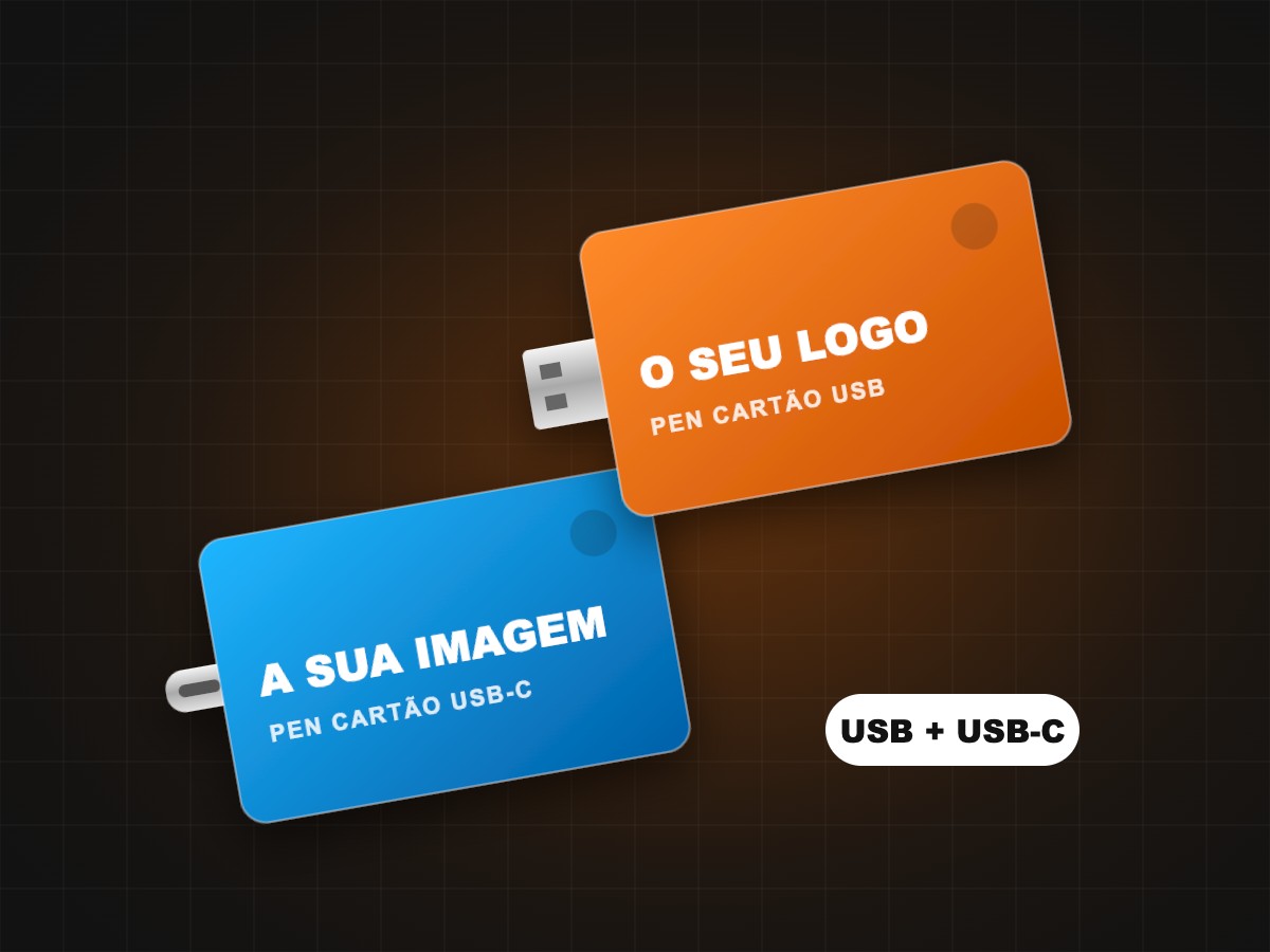 Pens USB tipo cartão personalizadas, com ficha USB e USB-C
